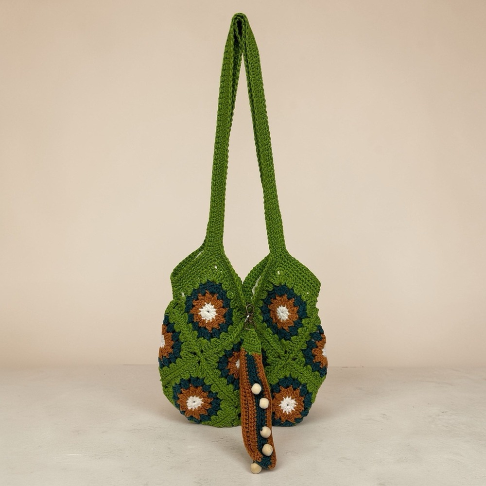 Granny Square Lined Tote Bag Boho Green Handmade With Keychain